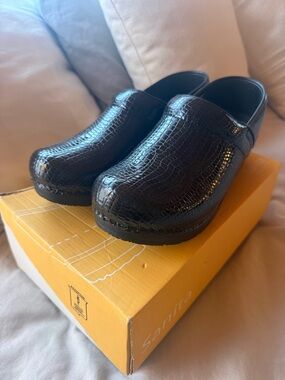 Sanita Black Croc-Embossed Slip-On Clogs